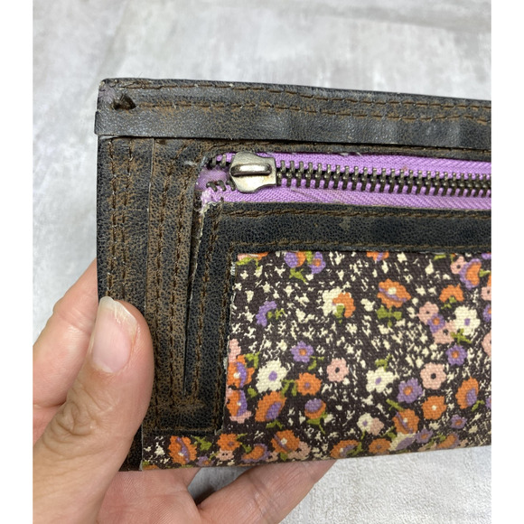 Billabong Wallet Womens One Size Brown Floral Zip Around Clutch Purple Lining - Picture 13 of 16